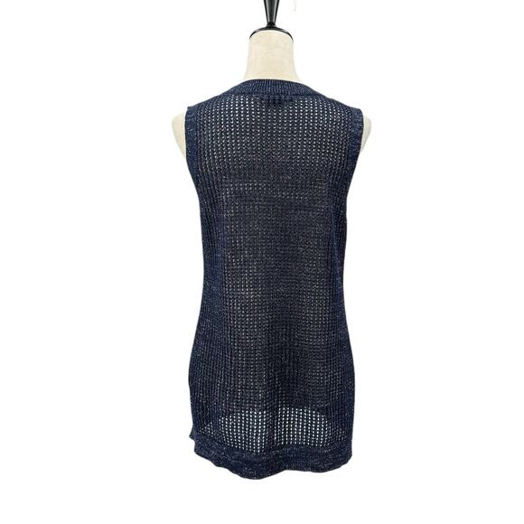 W by Worth Dark Navy Open Knit Silver Metallic Sparkle Tunic Tank Sleeveless Top - Picture 3 of 12